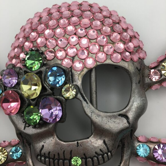 Skull Pin Brooch Rhinestones Pink Pirate Halloween Goth Sparkle Large 4” X 3” - Picture 10 of 15